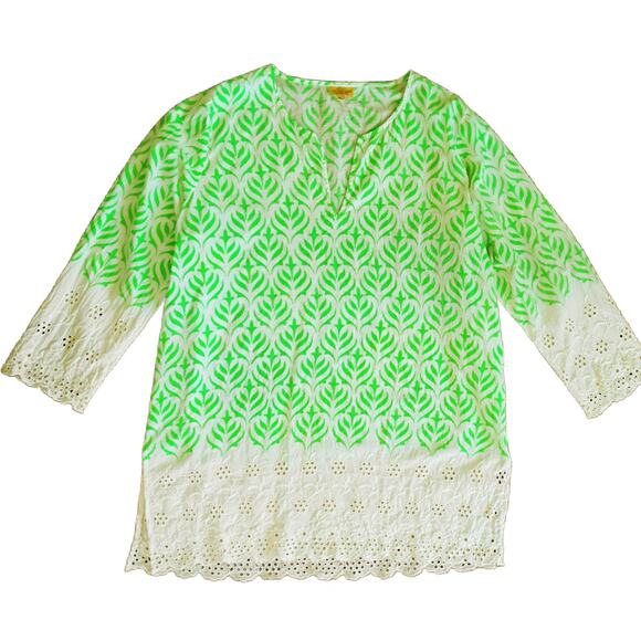 Roberta Roller Rabbit Green Ivory Eyelet Tunic Size XL Boho Beach Coverup - Picture 4 of 8